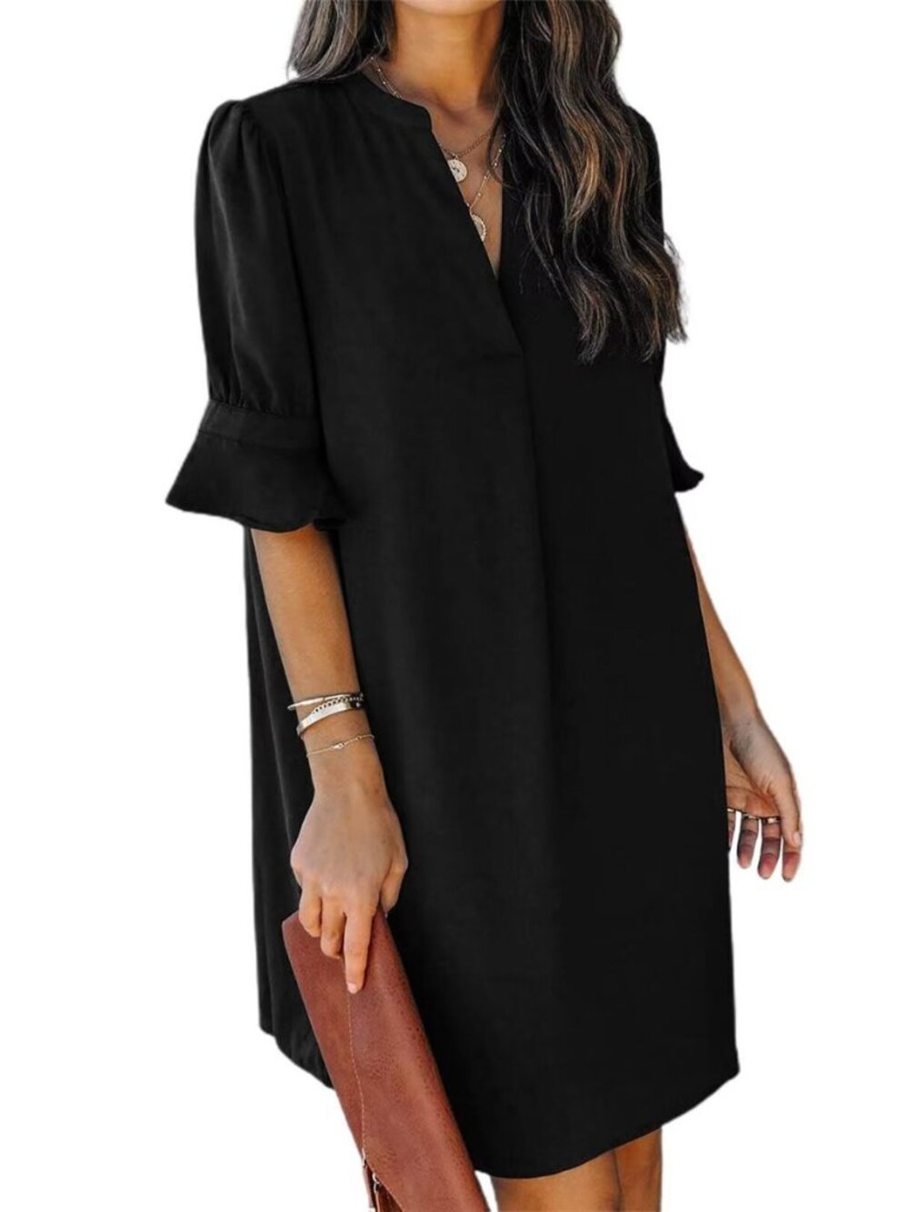 Summer Dresses for Women V Neck Ruffle Short Sleeve Shift Dress